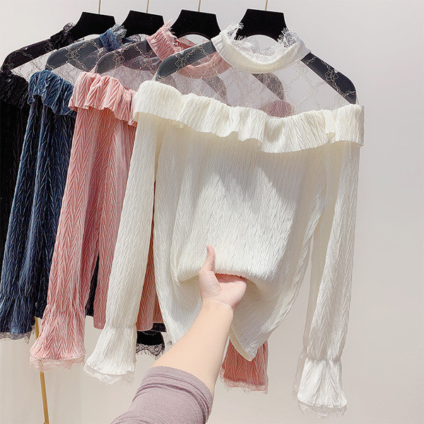 Cămașă modernă de damă cu tul și guler înalt în patru culori