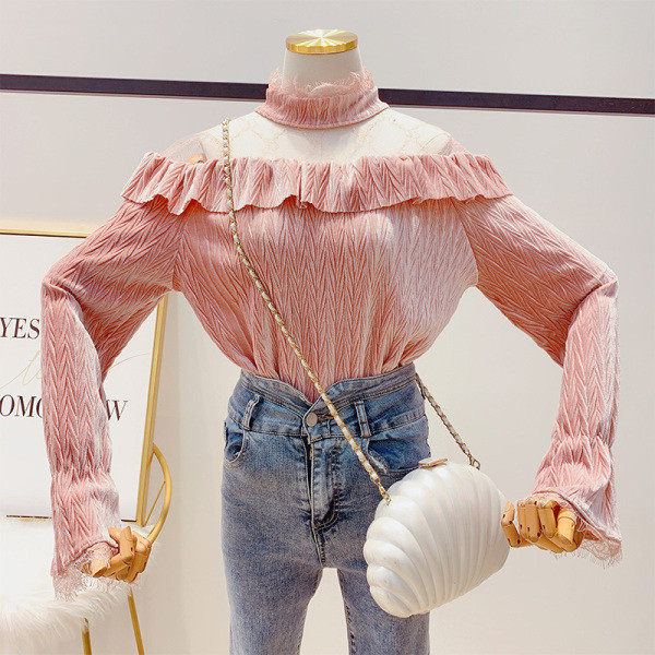 Cămașă modernă de damă cu tul și guler înalt în patru culori