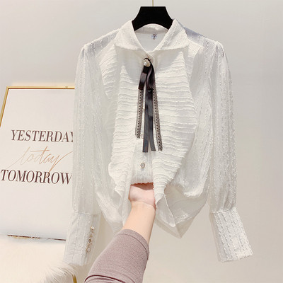 Γυναικεία πουκάμισο με κορδέλα και κλασικό γιακά σε μαύρο, μπεζ και μαύρο χρώμα