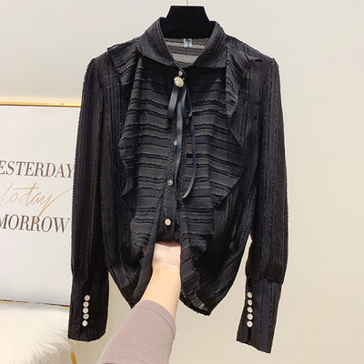 Γυναικεία πουκάμισο με κορδέλα και κλασικό γιακά σε μαύρο, μπεζ και μαύρο χρώμα