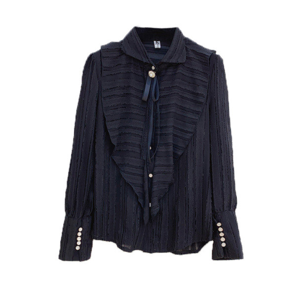 Γυναικεία πουκάμισο με κορδέλα και κλασικό γιακά σε μαύρο, μπεζ και μαύρο χρώμα