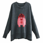 Pulover lung casual cu decolteu oval de culoare gri și aplicat