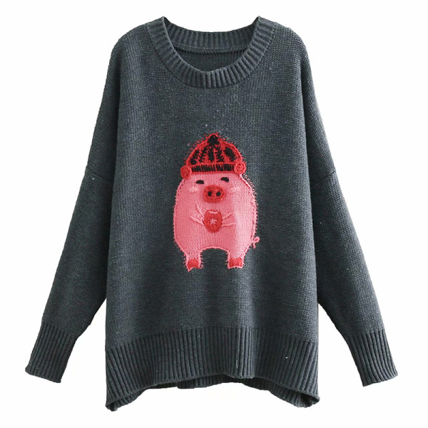 Pulover lung casual cu decolteu oval de culoare gri și aplicat