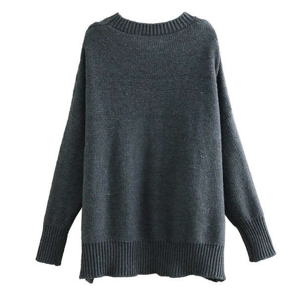 Pulover lung casual cu decolteu oval de culoare gri și aplicat