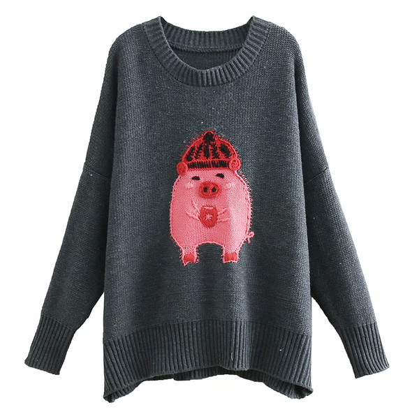 Pulover lung casual cu decolteu oval de culoare gri și aplicat