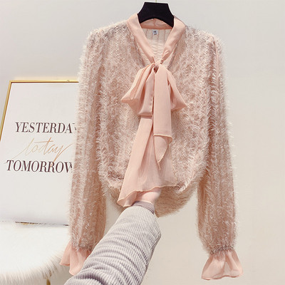 Modern női ing szalaggal és hosszú ujjú bézs és rózsaszín színben