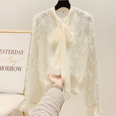 Modern női ing szalaggal és hosszú ujjú bézs és rózsaszín színben