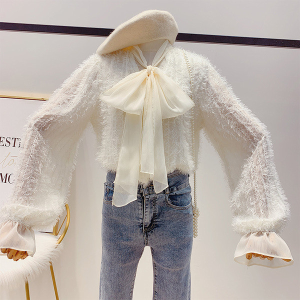 Modern női ing szalaggal és hosszú ujjú bézs és rózsaszín színben