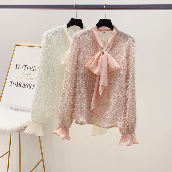 Modern női ing szalaggal és hosszú ujjú bézs és rózsaszín színben