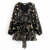 Rochie scurta din tul cu bucle si cravate in talie de culoare neagra cu aplicatie