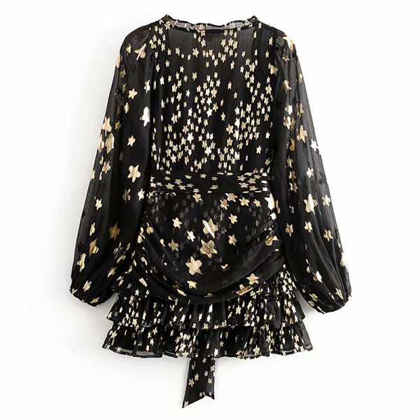 Rochie scurta din tul cu bucle si cravate in talie de culoare neagra cu aplicatie