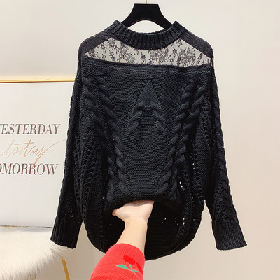 Γυναικείο καθημερινό πουλόβερ με τούλι και με οβάλ ντεκολτέ, κόκκινο, μαύρο και άσπρο χρώμα