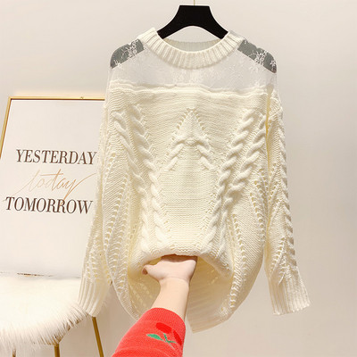 Γυναικείο καθημερινό πουλόβερ με τούλι και με οβάλ ντεκολτέ, κόκκινο, μαύρο και άσπρο χρώμα