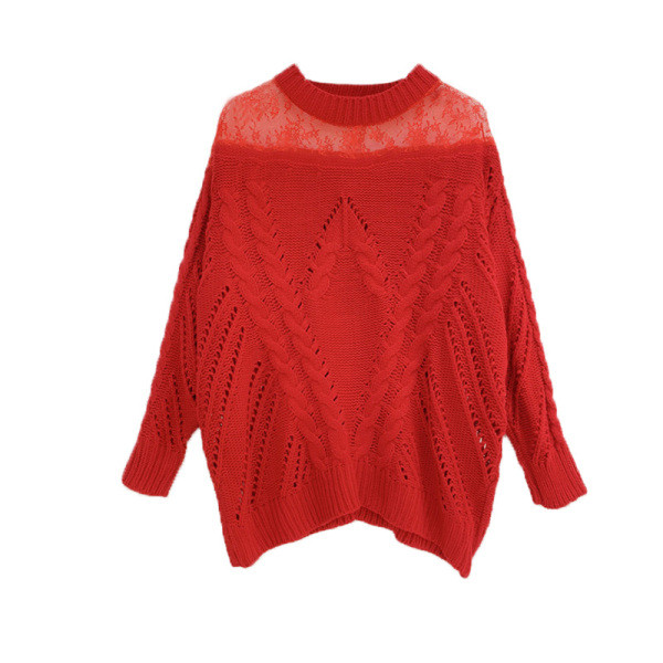 Γυναικείο καθημερινό πουλόβερ με τούλι και με  οβάλ ντεκολτέ, κόκκινο, μαύρο και άσπρο χρώμα