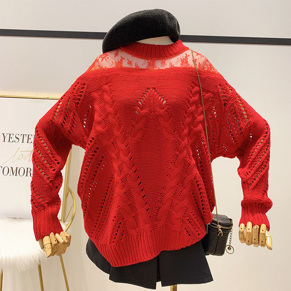 Γυναικείο καθημερινό πουλόβερ με τούλι και με  οβάλ ντεκολτέ, κόκκινο, μαύρο και άσπρο χρώμα