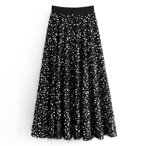 Hosszú szabású szoknya magas gumírozott derékkal, fekete színben, flitterekkel