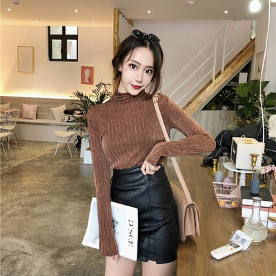 Modern női blúz magas gallérral és hosszú ujjú barna, zöld, kék és fekete színekben