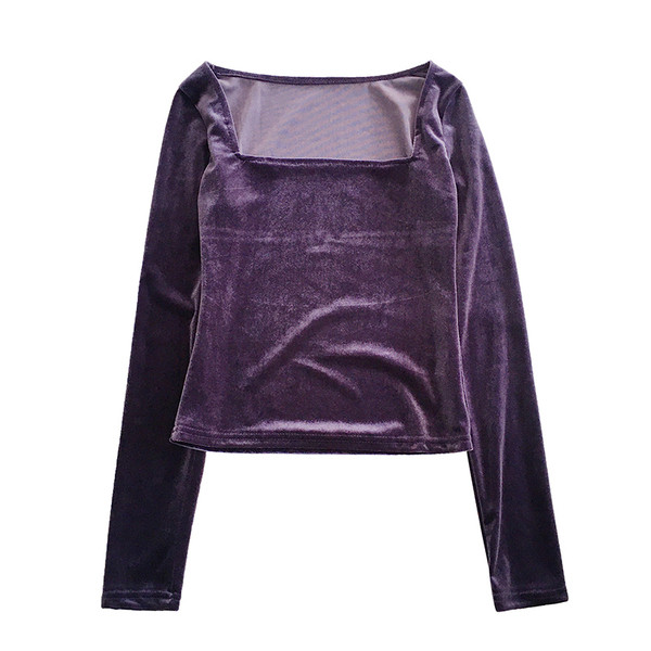 Női bársony blúz lila és fekete színben, négyzet alakú nyakkivágással