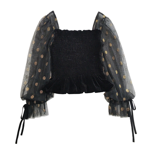 Női rövid fekete blúz, nyakkendővel és szögletes nyakkivágással