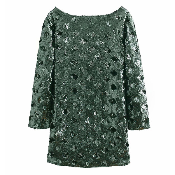 Modern rövid ruha zöld színben flitterekkel, V-nyakkal