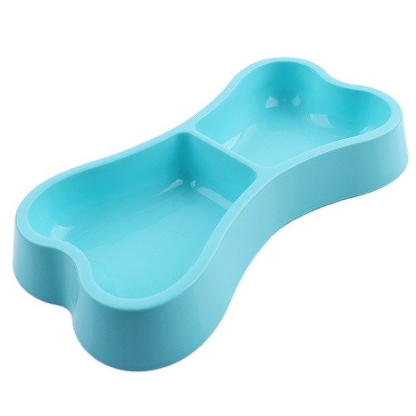 Kutyatál két rekesszel étel és víz tárolására, csont alakú rózsaszín, kék és zöld színben