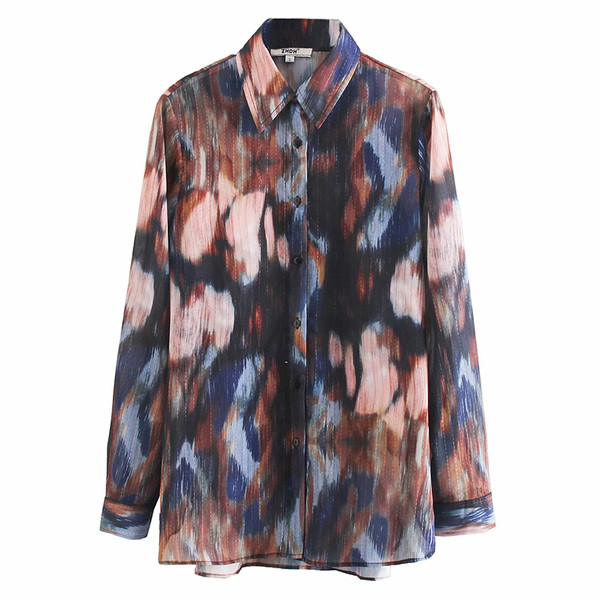 Cămașă de damă cu guler clasic și nasturi cu model cu model