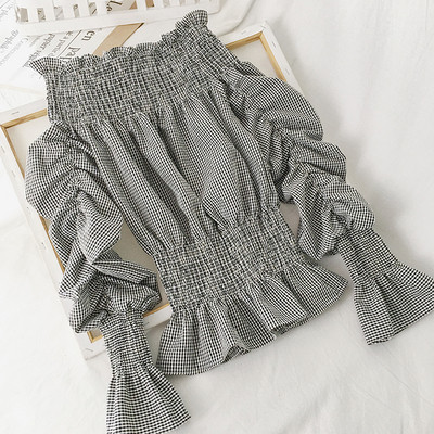 Modern női blúz sárga, fekete és zöld színben, magas gallérral