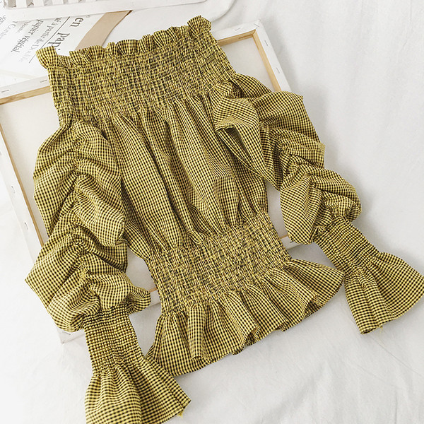 Modern női blúz sárga, fekete és zöld színben, magas gallérral