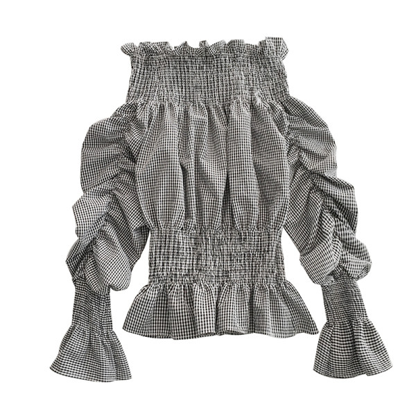 Modern női blúz sárga, fekete és zöld színben, magas gallérral