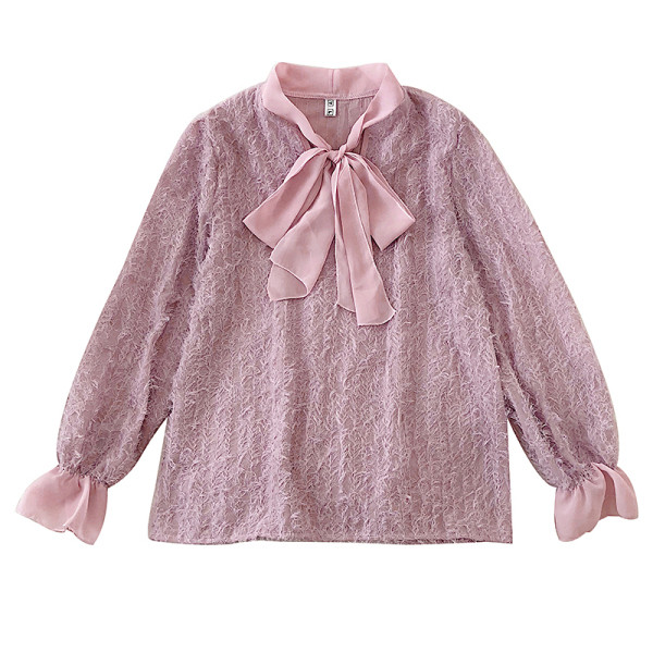 Cămașă de șifon de damă în alb, negru, roz și bej cu cravate și mâneci largi