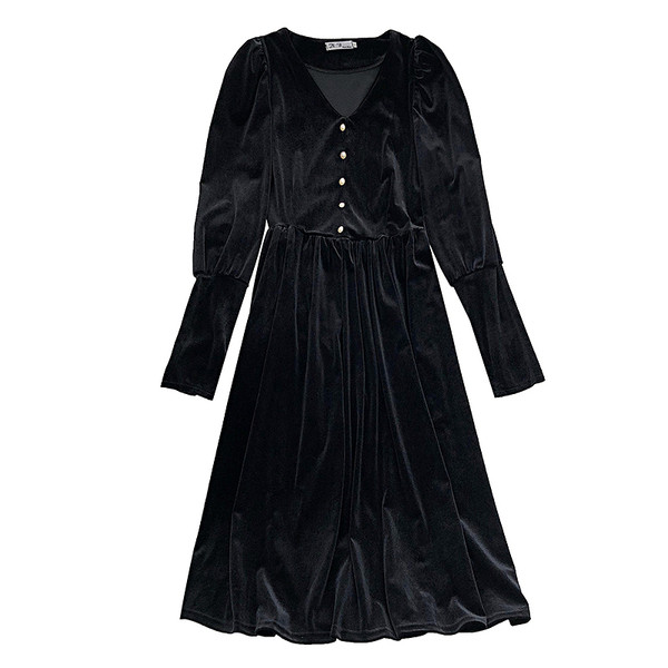 Női bársonyruha fekete színben, gombokkal és V-nyakkal