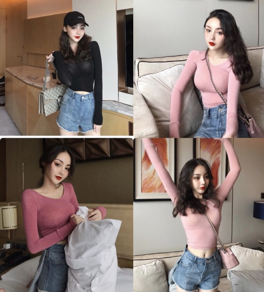 Női hétköznapi rövid blúz hosszú ujjal és ovális nyakkivágással rózsaszín és fekete színben