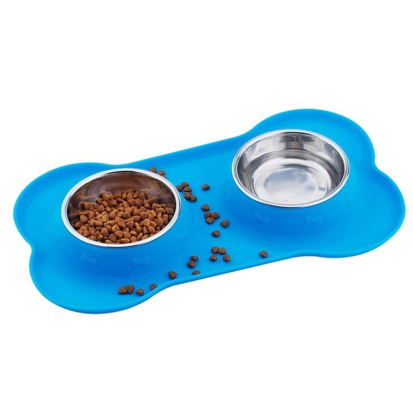 Buy for food and water made of stainless steel with a silicone pad in the shape of a bone in blue