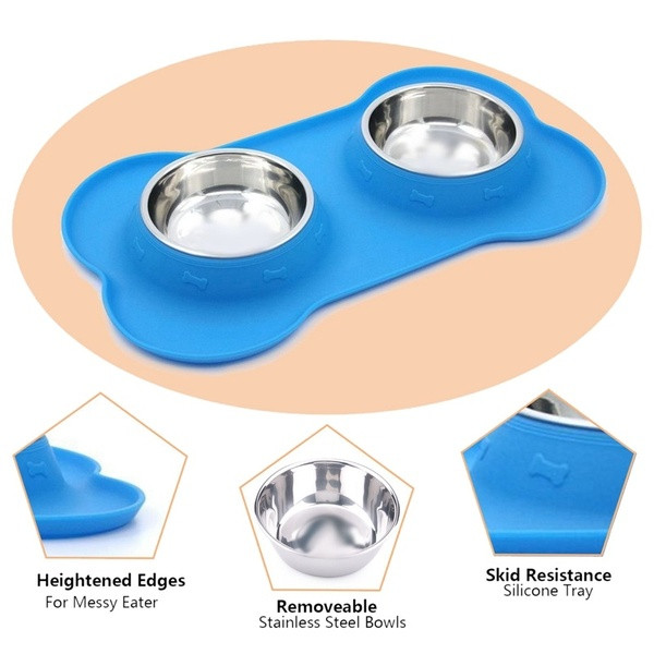 Vásároljon ételt és vizet rozsdamentes acélból, kék színű csont alakú szilikon alátéttel