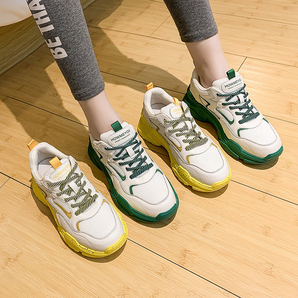 Női alkalmi tornacipő durva és színes talppal, sárga és zöld színben