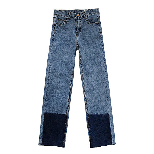 Modern női farmer kék színben, zsebekkel és magas derékkal