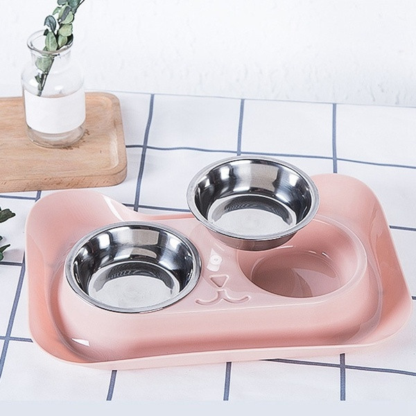 Buy for food and water made of stainless steel with a pad in the shape of a cat`s head in pink and blue