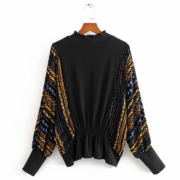 Női pulóver vékony kötésű széles mintás gumis derékkal, fekete színben, mintás mintával