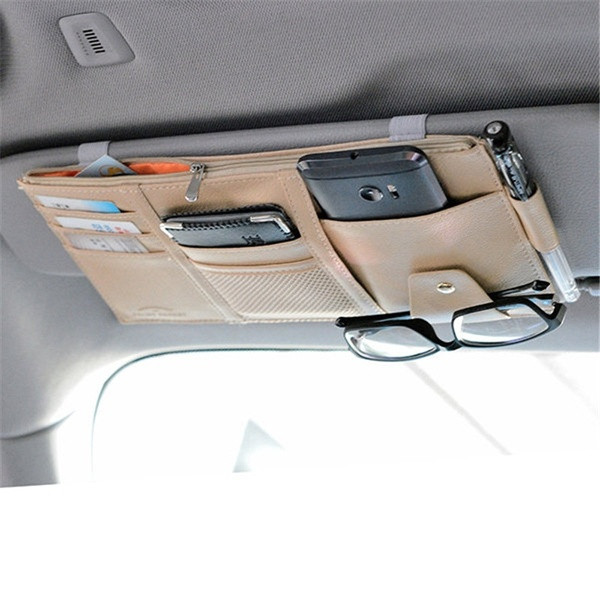 Multifunctional leather car sunshade bag for storing documents, maps and glasses in black, beige, gray and blue