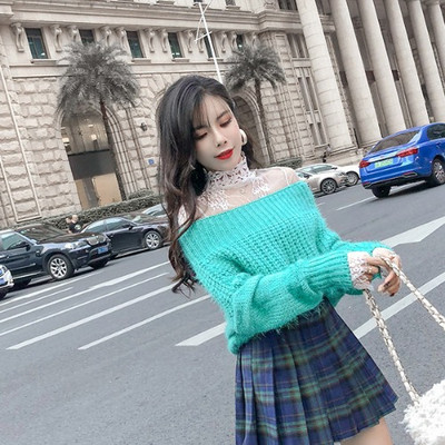 Női pulóver csipkével és kötéssel rózsaszín, kék és zöld színben