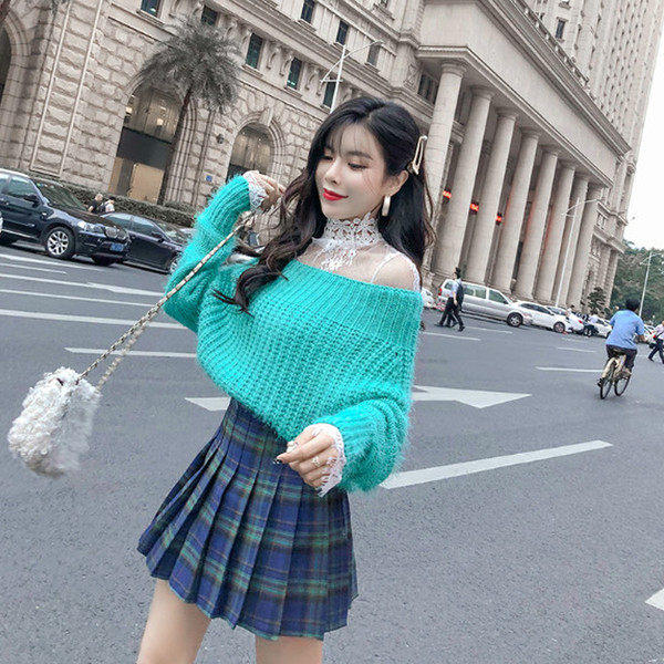 Női pulóver csipkével és kötéssel rózsaszín, kék és zöld színben