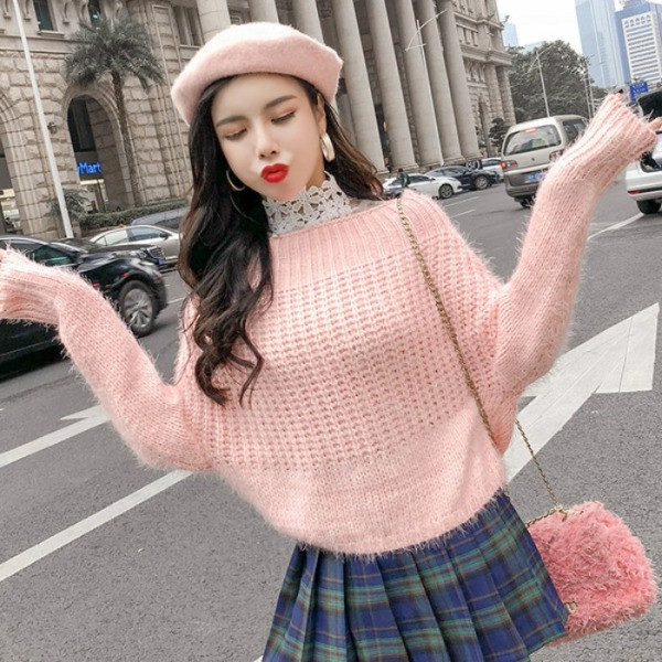 Női pulóver csipkével és kötéssel rózsaszín, kék és zöld színben