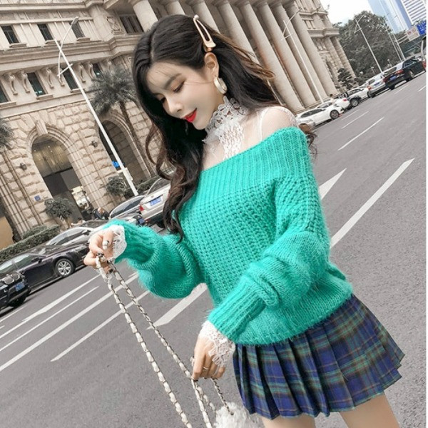 Női pulóver csipkével és kötéssel rózsaszín, kék és zöld színben