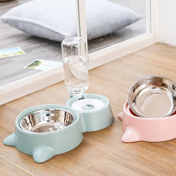 Macskafej formájú ételtál és vízadagoló szürke, rózsaszín és zöld színben
