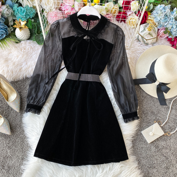 Női bársony ruha retro stílusú fekete színben, nyakkendővel és gallérral