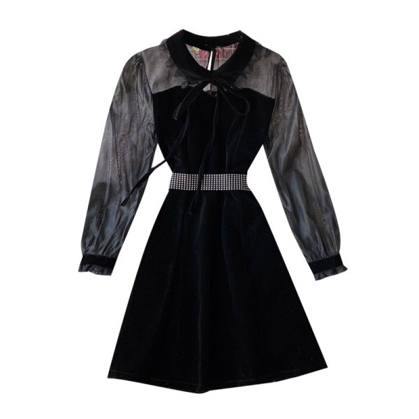 Női bársony ruha retro stílusú fekete színben, nyakkendővel és gallérral