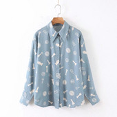 Cămașă casual de damă cu nasturi și guler clasic în albastru cu model cu model