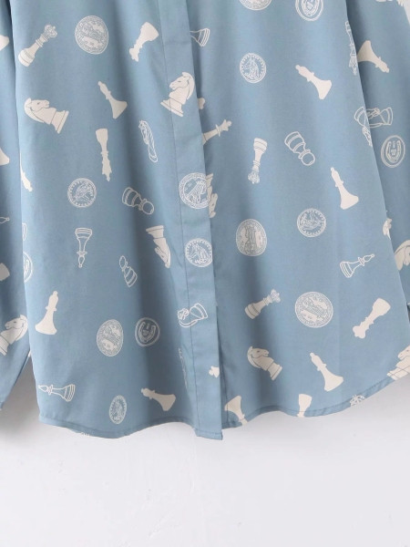 Cămașă casual de damă cu nasturi și guler clasic în albastru cu model cu model