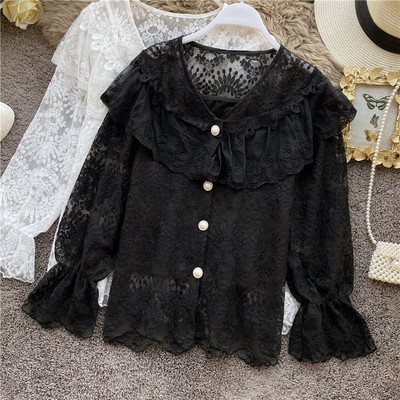 Női ing gombokkal és hímzéssel fehér, fekete és bézs színben