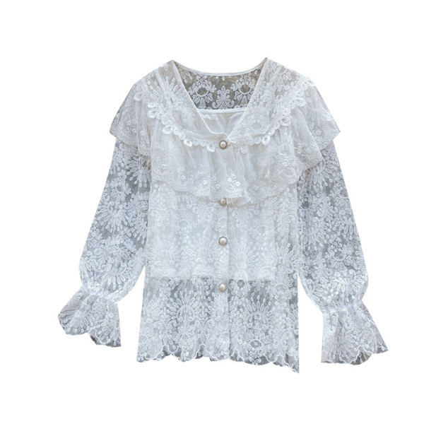 Női ing gombokkal és hímzéssel fehér, fekete és bézs színben